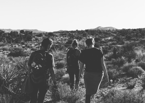 Black and white image of 3 friends hiking 
